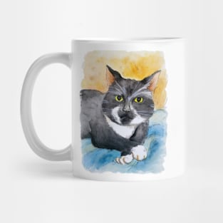 Pet portrait of tuxedo cat. Watercolor drawing Mug